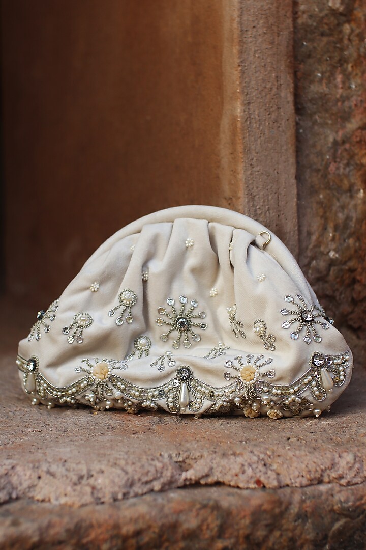 White & Silver Suede Velvet Dabka Hand Embroidered Ruched Clutch by AYE VI at Pernia's Pop Up Shop