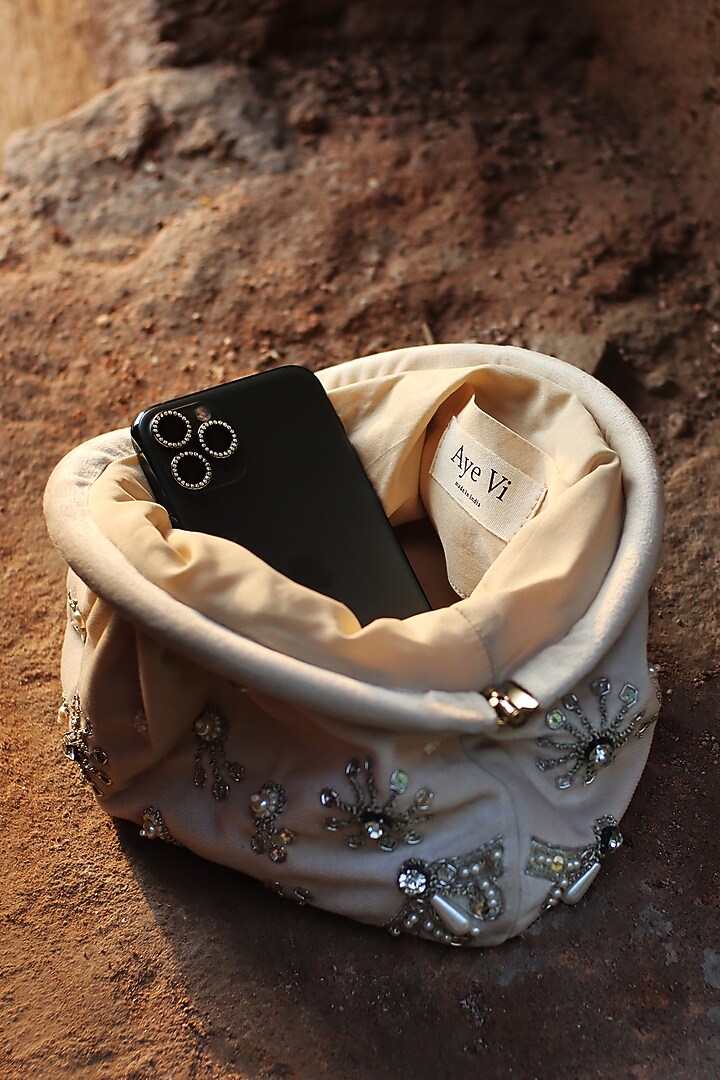 White & Silver Suede Velvet Dabka Hand Embroidered Ruched Clutch by AYE VI at Pernia's Pop Up Shop