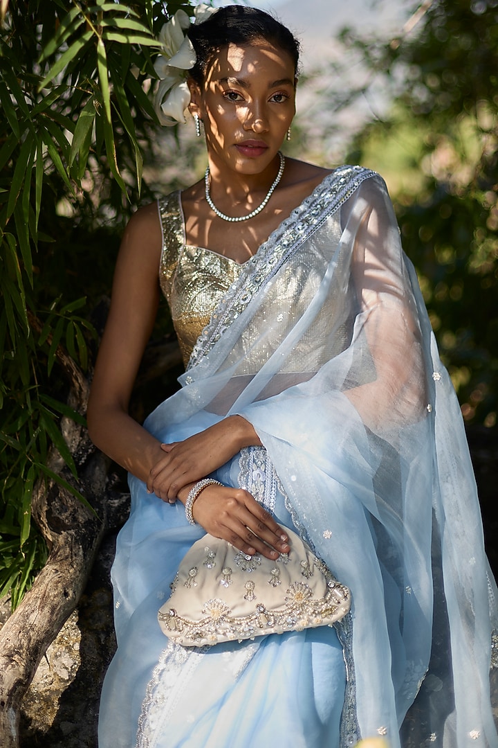 White & Silver Suede Velvet Dabka Hand Embroidered Ruched Clutch by AYE VI at Pernia's Pop Up Shop