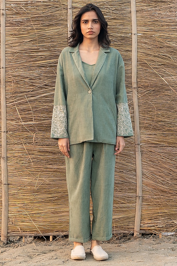 Green Corduroy & Viscose Tabby Hand Embroidered Jacket by AYAKA at Pernia's Pop Up Shop