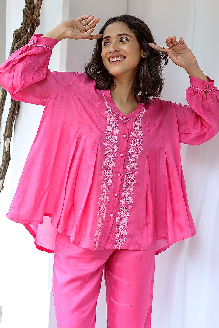 Pink Viscose Tabby Hand Embroidered Top by AYAKA