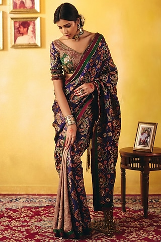 Multi-Colored Organza Tissue & Banarasi Hand Embroidered Saree Set by Aayushi Maniar