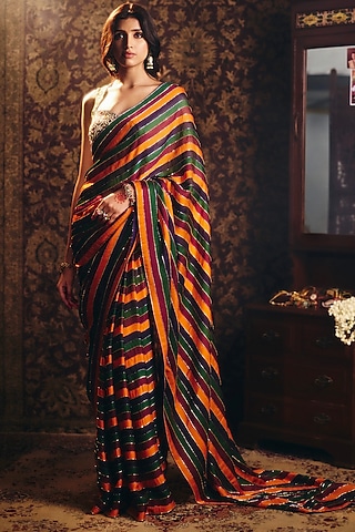 Multi-Colored Organza Tissue Hand Embroidered Saree Set by Aayushi Maniar