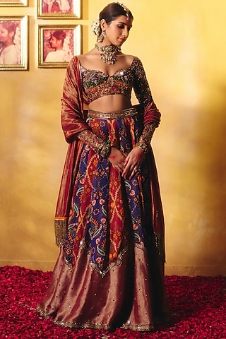 Multi-Colored Organza Tissue Hand Embroidered Lehenga Set by Aayushi Maniar