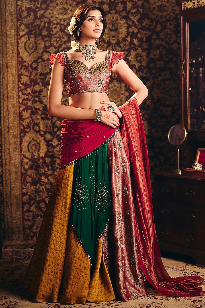 Multi-Colored Organza Tissue & Crepe Silk Hand Embroidered Wedding Lehenga Set by Aayushi Maniar at Pernia's Pop Up Shop