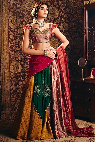 Multi-Colored Organza Tissue & Crepe Silk Hand Embroidered Lehenga Set by Aayushi Maniar