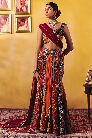 Multi-Colored Organza Tissue & Georgette Hand Embroidered Lehenga Set by Aayushi Maniar