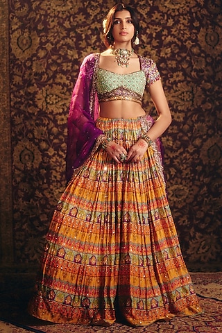 Multi-Colored Organza Tissue & Organza Hand Embroidered Lehenga Set by Aayushi Maniar
