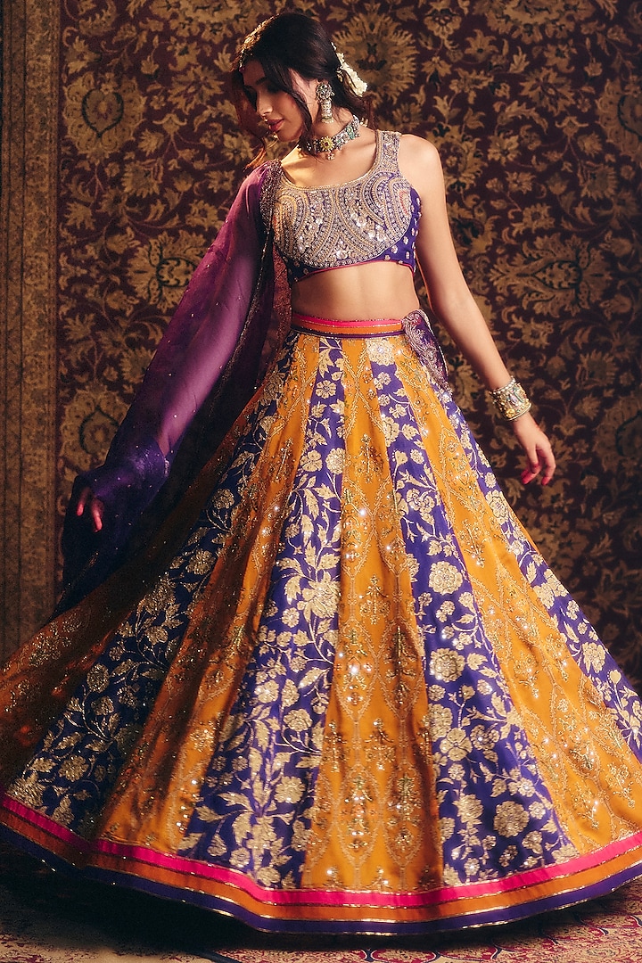 Multi-Colored Organza Tissue & Organza Hand Embroidered Wedding Lehenga Set by Aayushi Maniar at Pernia's Pop Up Shop