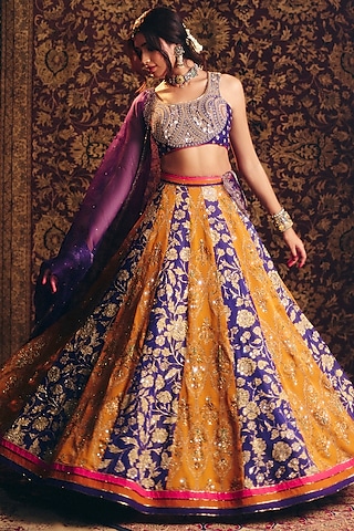 Multi-Colored Organza Tissue & Organza Hand Embroidered Lehenga Set by Aayushi Maniar