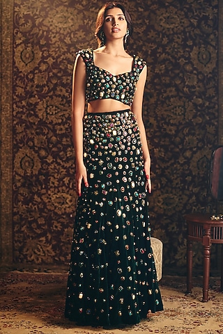 Emerald Green Velvet Hand Embroidered Lehenga Set by Aayushi Maniar