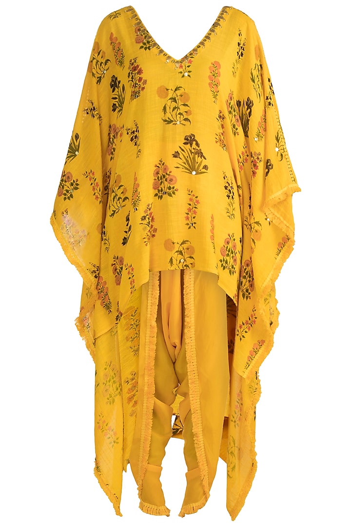Yellow Embellished Printed Kaftan With Dhoti Pants by Ayinat By Taniya O'Connor