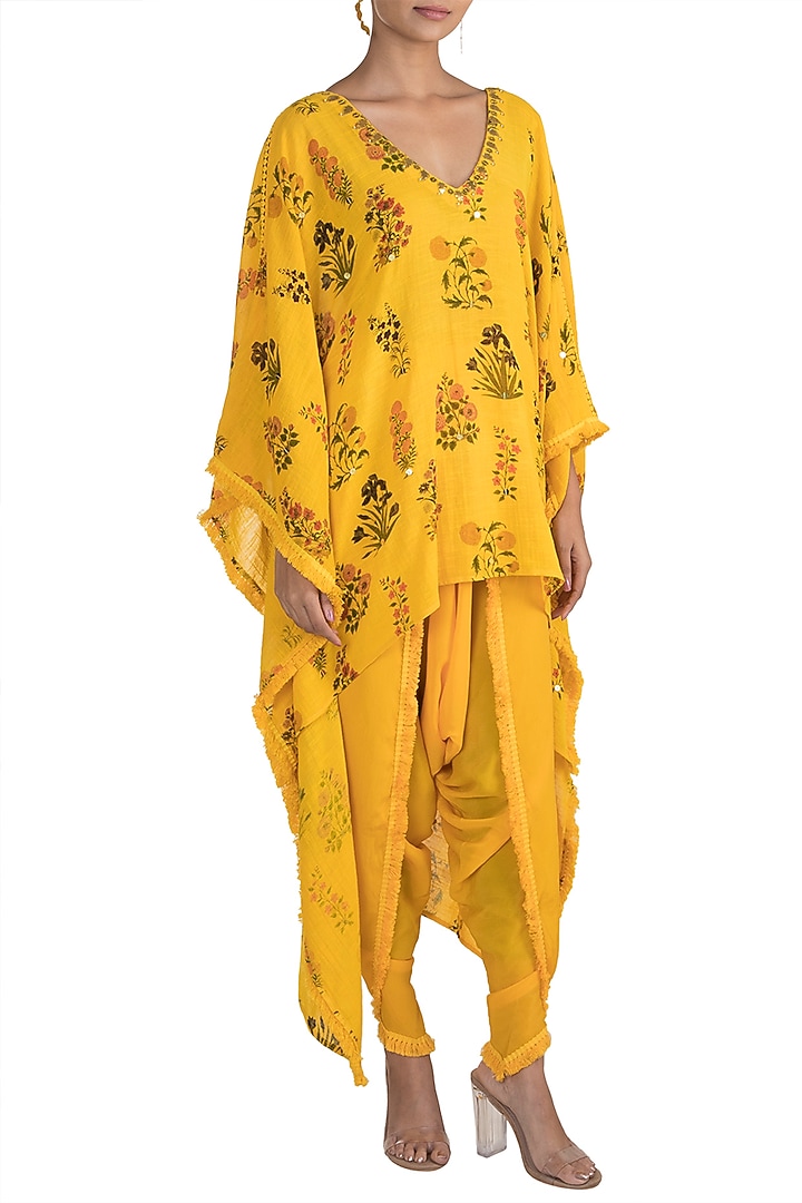 Yellow Embellished Printed Kaftan With Dhoti Pants by Ayinat By Taniya O'Connor at Pernia's Pop Up Shop