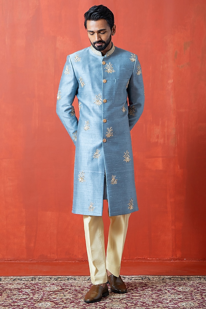 Blue Cotton Silk & Raw Silk Zardosi Embroidered Sherwani Set by AYUSH JAIN