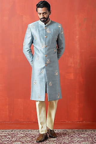 Blue Cotton Silk & Raw Silk Zardosi Embroidered Sherwani Set by AYUSH JAIN