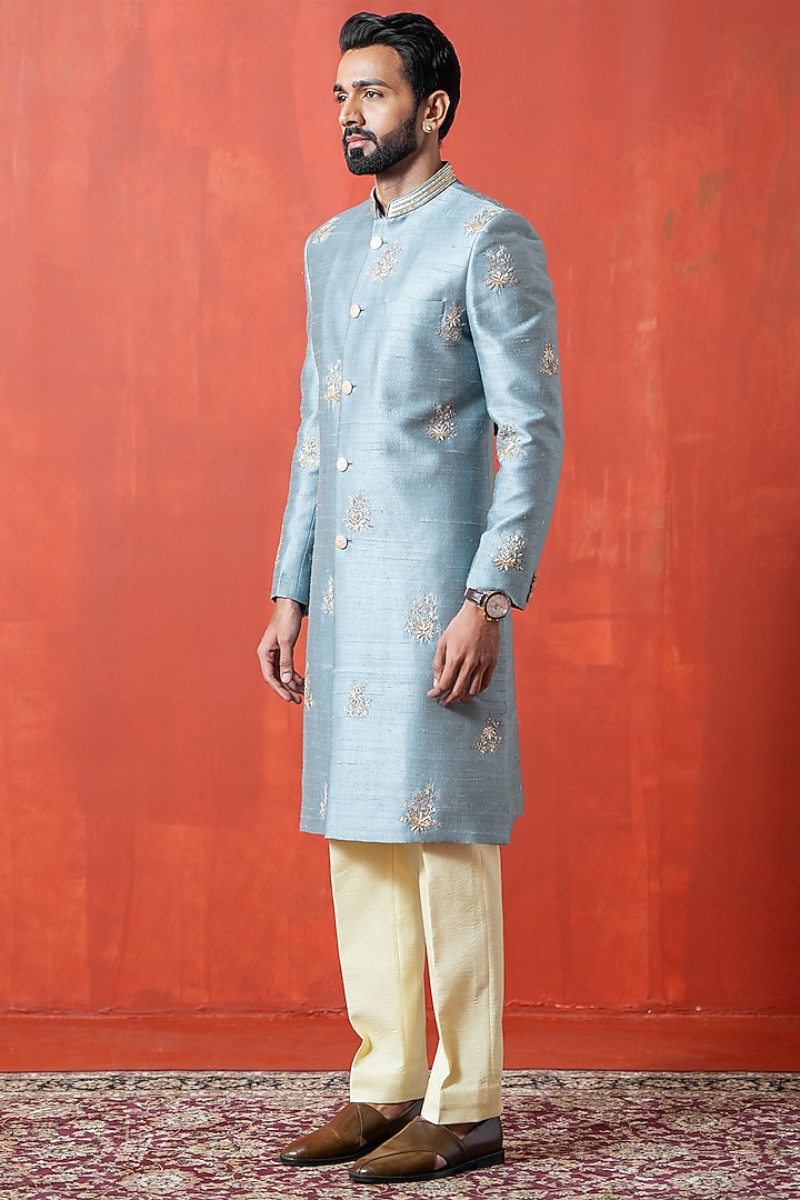 Blue Cotton Silk & Raw Silk Zardosi Embroidered Groom Sherwani Set by AYUSH JAIN at Pernia's Pop Up Shop