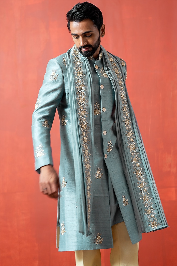 Blue Cotton Silk & Raw Silk Zardosi Embroidered Groom Sherwani Set by AYUSH JAIN at Pernia's Pop Up Shop