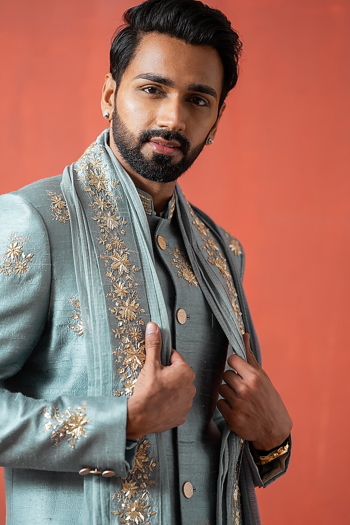 Blue Cotton Silk & Raw Silk Zardosi Embroidered Groom Sherwani Set by AYUSH JAIN at Pernia's Pop Up Shop