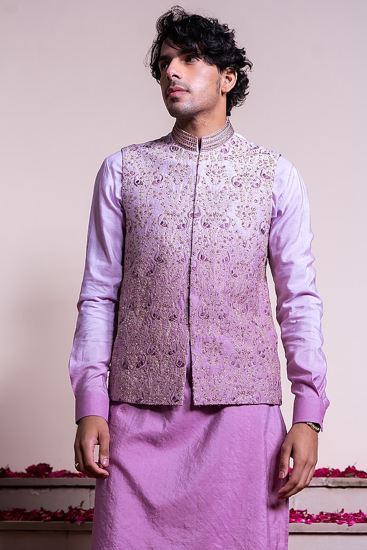 Lavender Ombre Silk Hand Embroidered Bundi Jacket by AYUSH JAIN