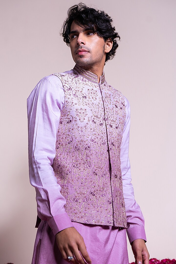 Lavender Ombre Silk Hand Embroidered Bundi Jacket by AYUSH JAIN at Pernia's Pop Up Shop