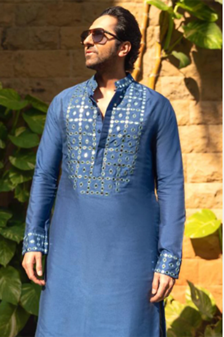 Indigo Blue Cotton Silk Kurta Set by DiyaRajvvir Men