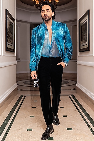 Jade Blue Velvet Printed Bomber Jacket by Nirmooha Men