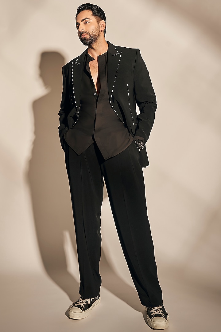 Black Viscose Polyester Tuxedo Set by Tisa