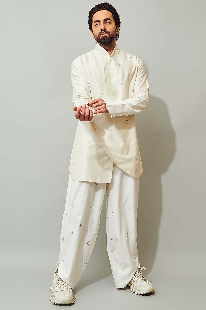 White Cotton Silk Trousers by Antar Agni Men