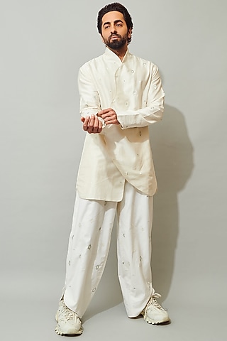 White Cotton Silk Trousers by Antar Agni Men