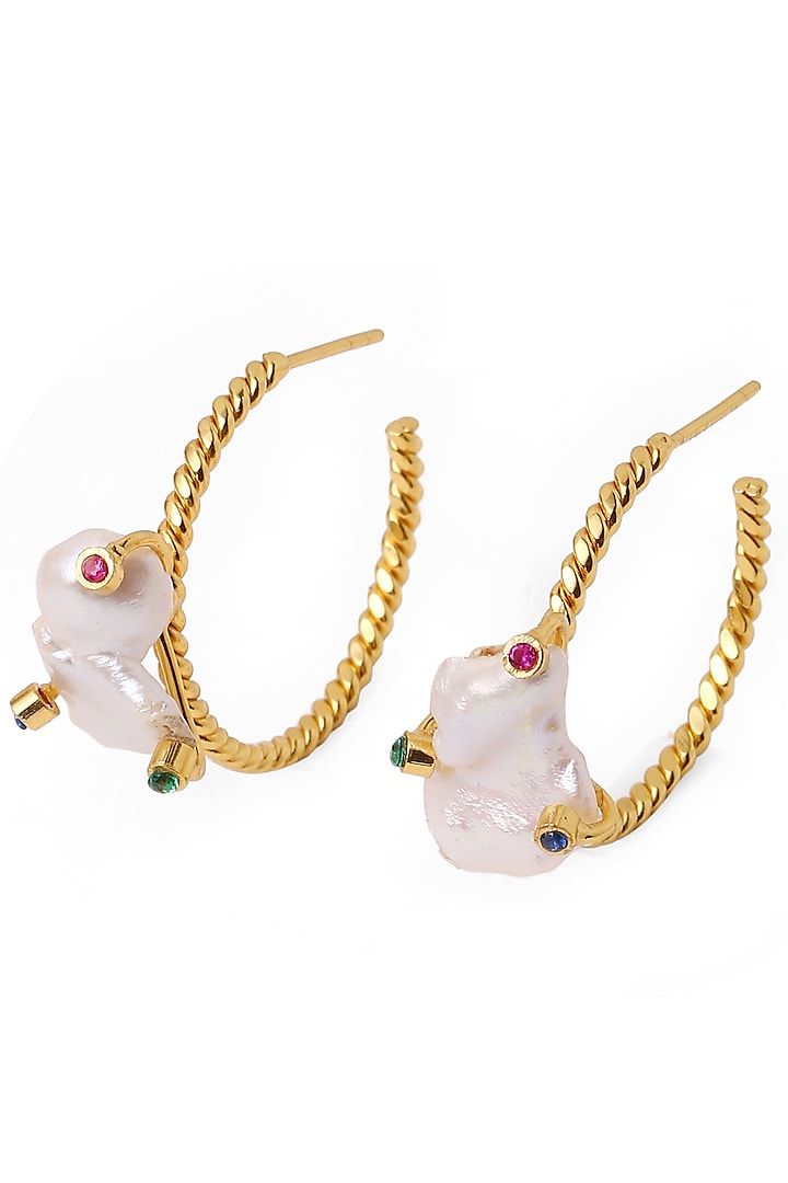 Gold Plated Baroque Pearl Hoop Earrings by Azga