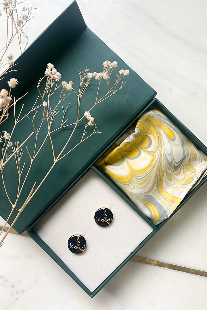 Gold Finish Brass Cufflinks With Pocket Square by AZGA MEN at Pernia's Pop Up Shop