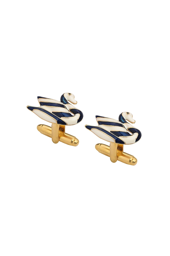 Blue & Ivory Brass Water Bird Enamelled Cufflinks by AZGA MEN at Pernia's Pop Up Shop
