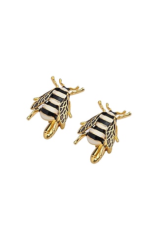 Black & Ivory Brass Bee Enamelled Cufflinks by AZGA MEN