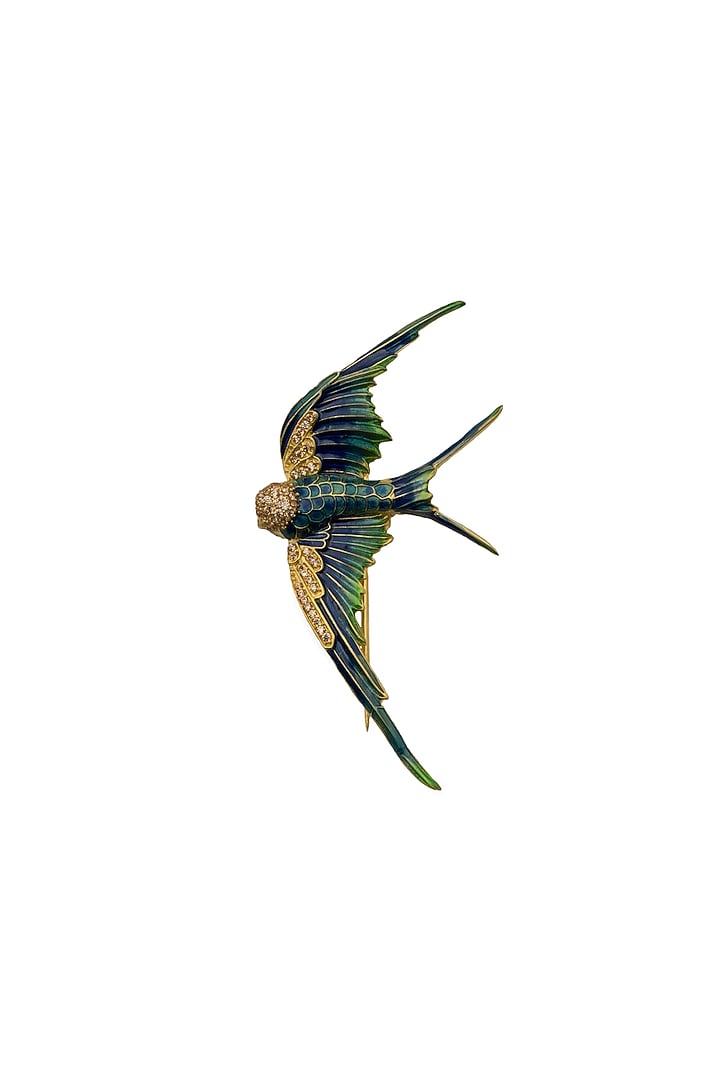 Gold Plated Rhodium Finish Green & Gold Brass Handcrafted Flying Bird Brooch by AZGA MEN at Pernia's Pop Up Shop