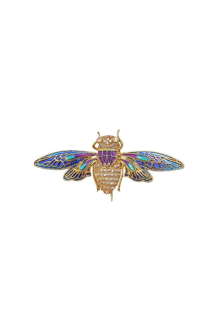 Gold Plated Rhodium Finish Blue & Gold Brass Handcrafted Bee Brooch by AZGA MEN at Pernia's Pop Up Shop