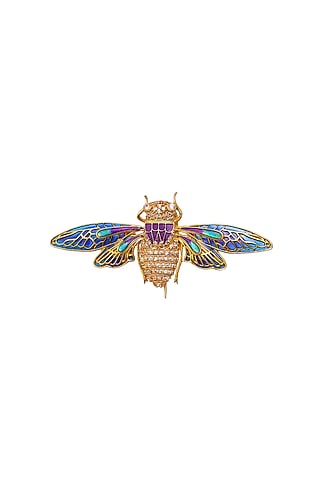 Gold Plated Rhodium Finish Blue & Gold Brass Handcrafted Bee Brooch by AZGA MEN