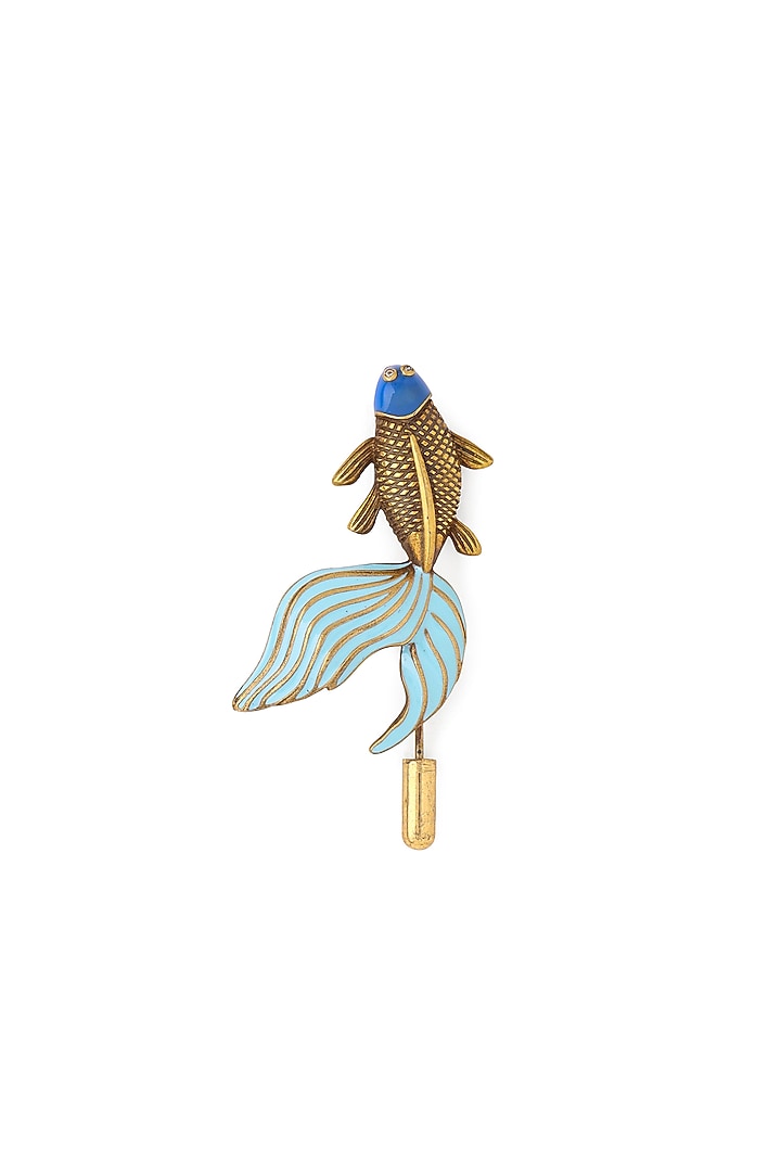Blue & Gold Enamelled Fish Brass Brooch by AZGA MEN at Pernia's Pop Up Shop