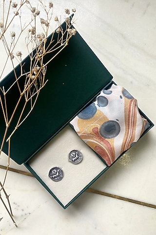 Gold Finish Multi-Colored Brass Cufflinks With Pocket Square by AZGA MEN
