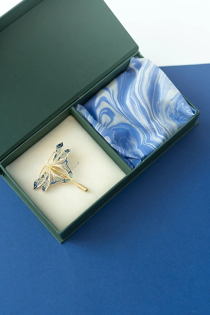 Gold Finish Multi-Colored Brass Brooch With Pocket Square by AZGA MEN at Pernia's Pop Up Shop