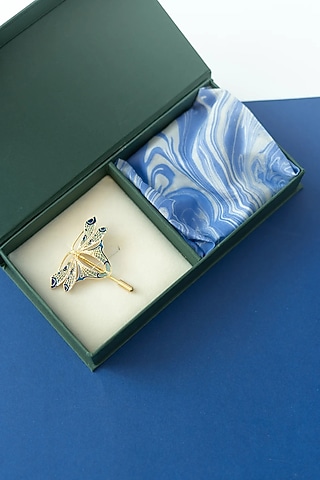 Gold Finish Multi-Colored Brass Brooch With Pocket Square by AZGA MEN