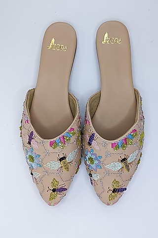Beige PRC Zardosi Thread & Bee Embroidered Mules by Azora