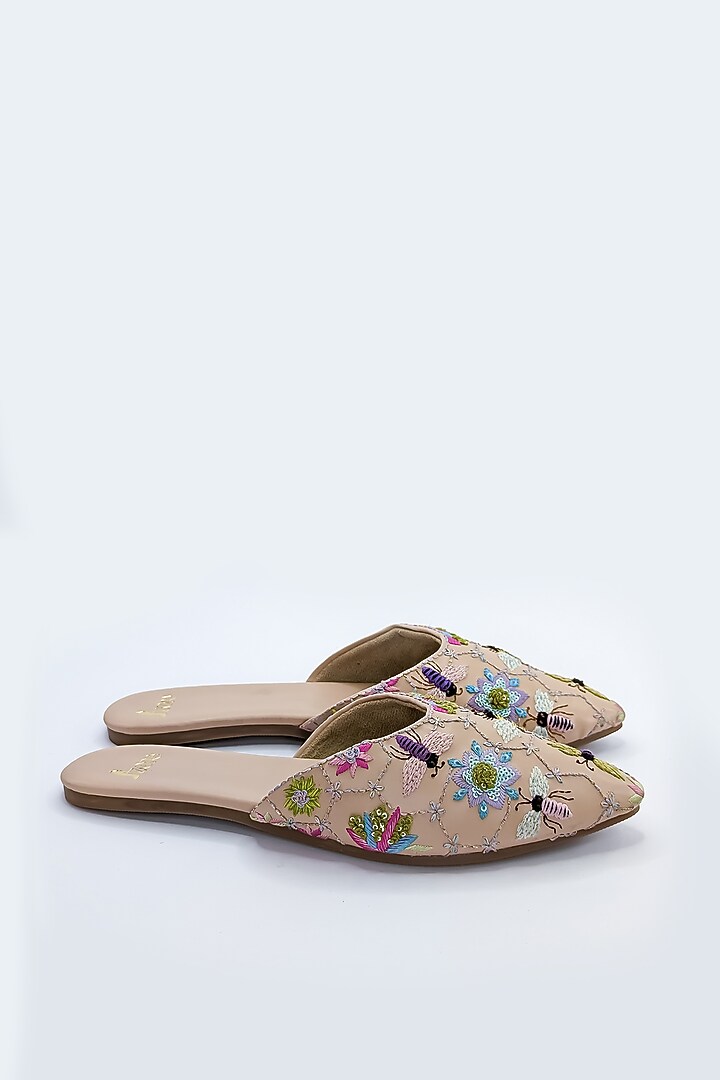 Beige PRC Zardosi Thread & Bee Embroidered Mules by Azora at Pernia's Pop Up Shop