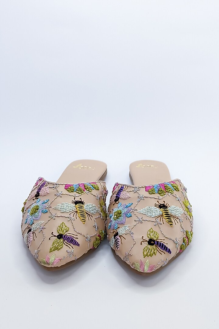 Beige PRC Zardosi Thread & Bee Embroidered Mules by Azora at Pernia's Pop Up Shop