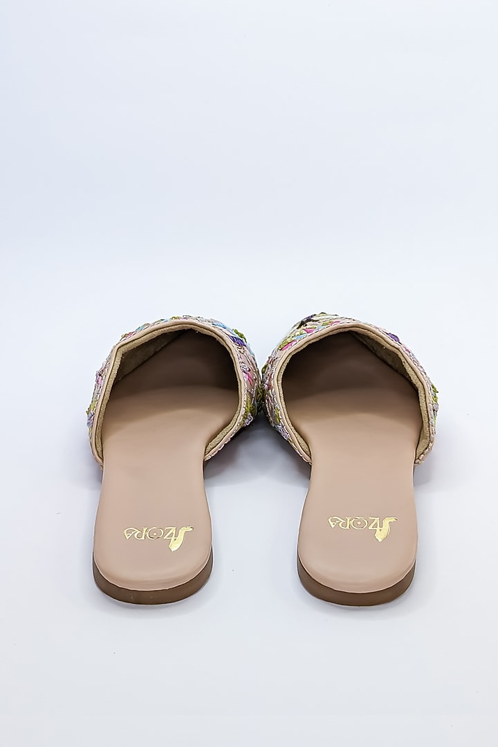 Beige PRC Zardosi Thread & Bee Embroidered Mules by Azora at Pernia's Pop Up Shop