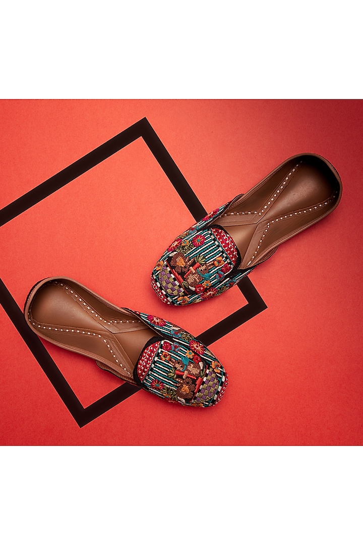 Black Leather Thread Work Floral Embroidered Shoes by Azora