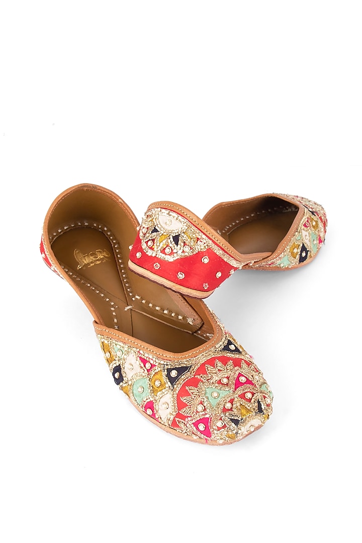 Red Leather Zardosi & Patchwork Juttis by Azora