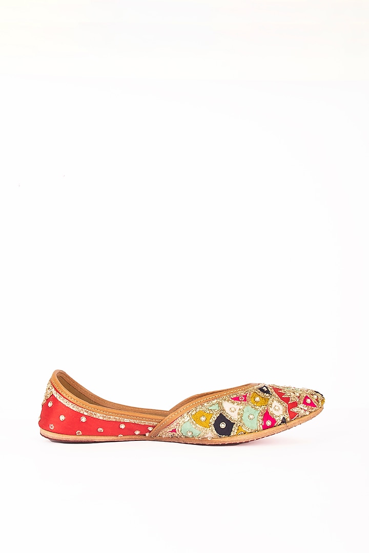 Red Leather Zardosi & Patchwork Juttis by Azora at Pernia's Pop Up Shop