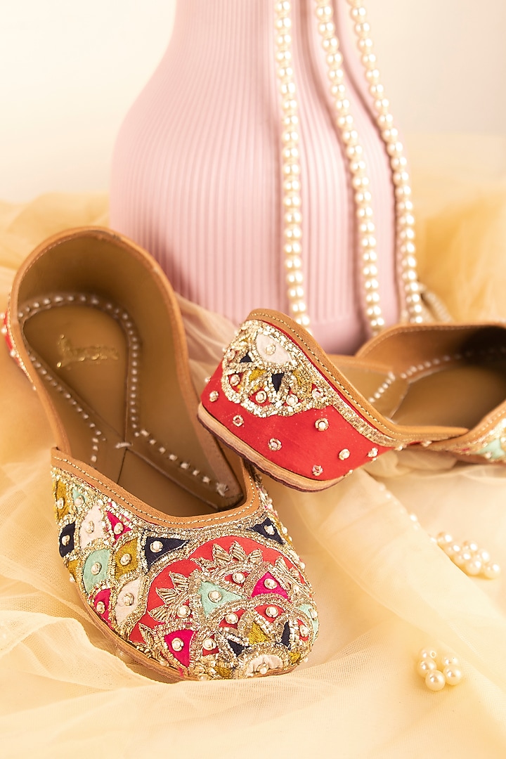 Red Leather Zardosi & Patchwork Juttis by Azora at Pernia's Pop Up Shop