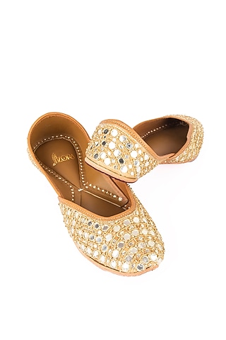 Gold Leather Mirror Work Juttis by Azora