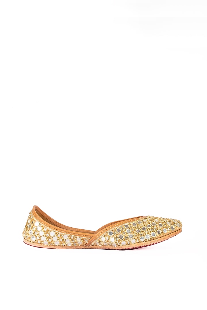 Gold Leather Mirror Work Juttis by Azora at Pernia's Pop Up Shop
